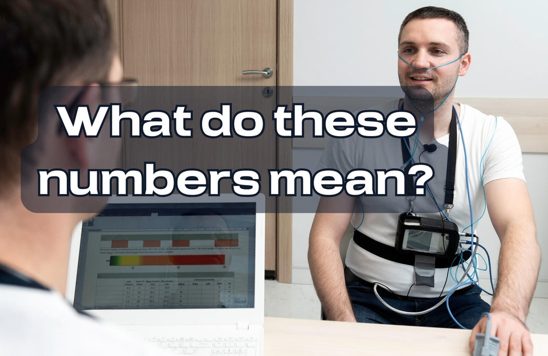 Doctor preparing patient for polysomnography (sleep study) with overlayed text "What do these numbers mean?"