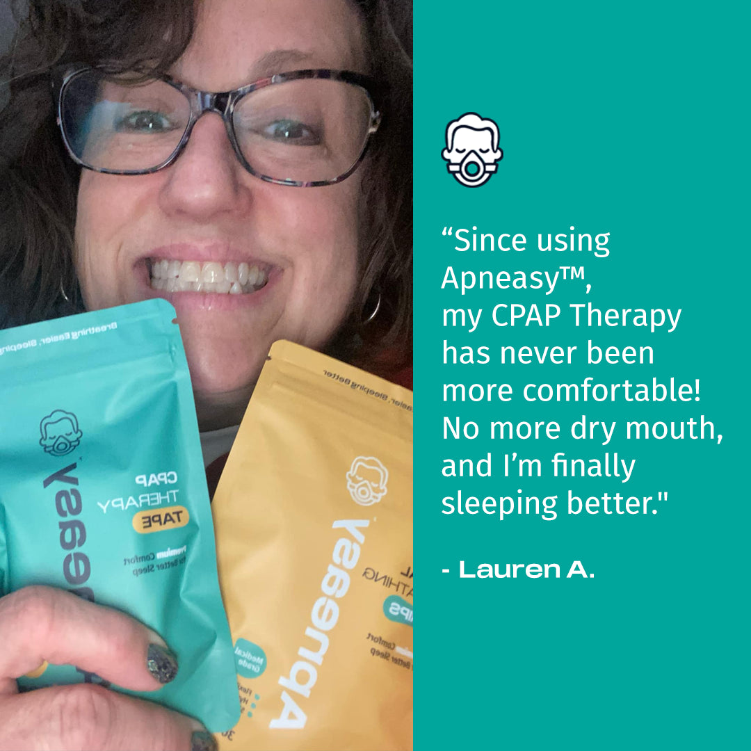 Person holding two Apneasy products with a testimonial on a teal background